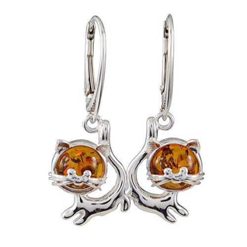 Sterling Silver and Baltic Amber French Leverback Honey Amber Cats Earrings