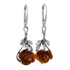 Sterling Silver and Baltic Honey Amber Leverback Rose Earrings