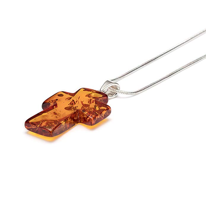 925 Sterling Silver Pendant Necklace with Genuine Natural Baltic Amber Small Cross. Chain Included