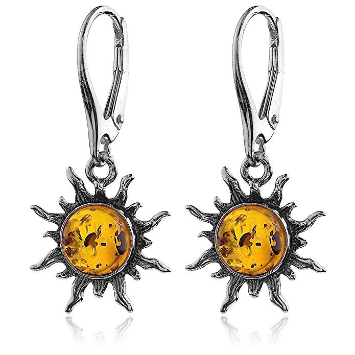 Amber Sterling Silver Flaming Sun Leverback Earrings