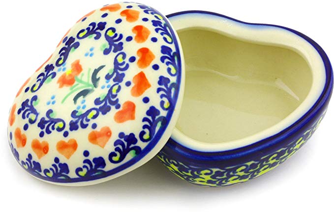 Polish Pottery Heart Shaped Trinket Jewelry Box