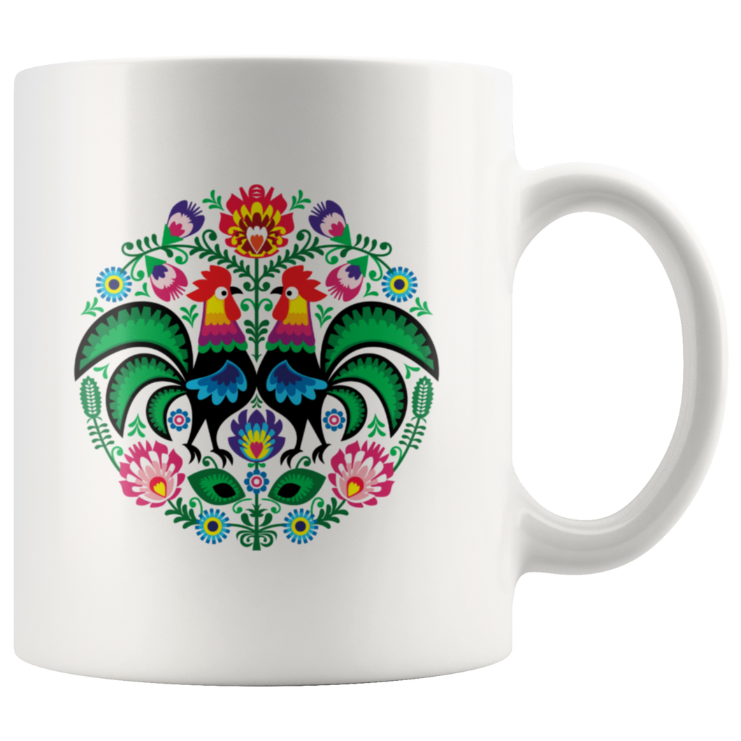Polish Folk Art Rooster Circle Coffee Mug. 11oz and 15oz