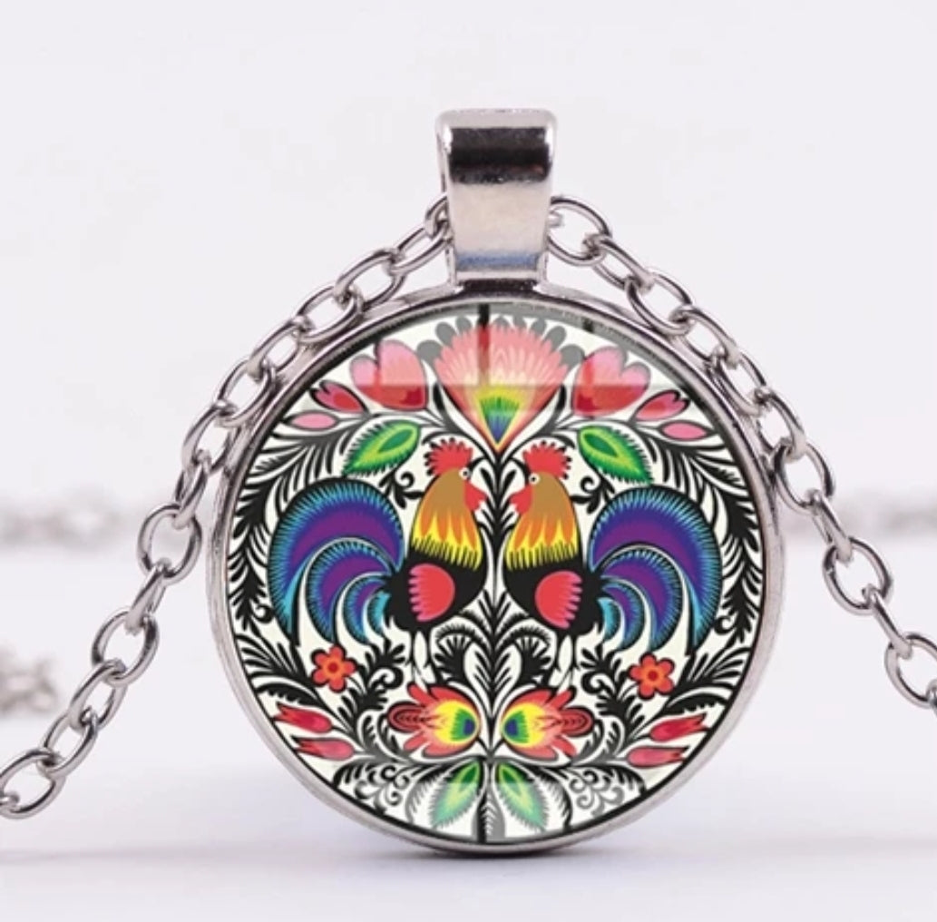 *READY TO SHIP* Polish Folk Design Glass Cabochon Pendant Necklace #3 4 Color options