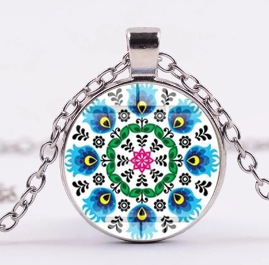 *READY TO SHIP* Polish Folk Design Glass Cabochon Pendant Necklace #5 Multiple Options