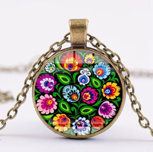 *READY TO SHIP* Polish Folk Design Glass Cabochon Pendant Necklace #7 Multiple Color Options