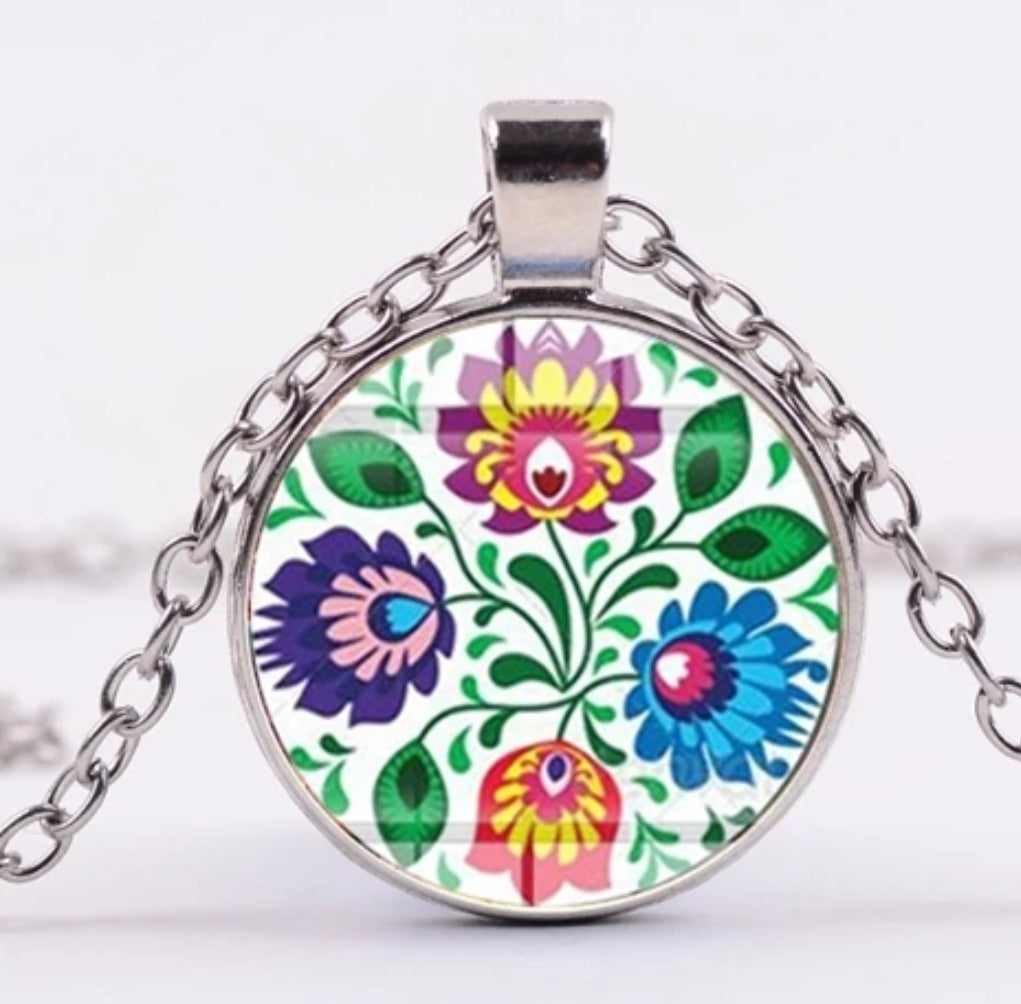 *READY TO SHIP* Polish Folk Design Glass Cabochon Pendant Necklace #8