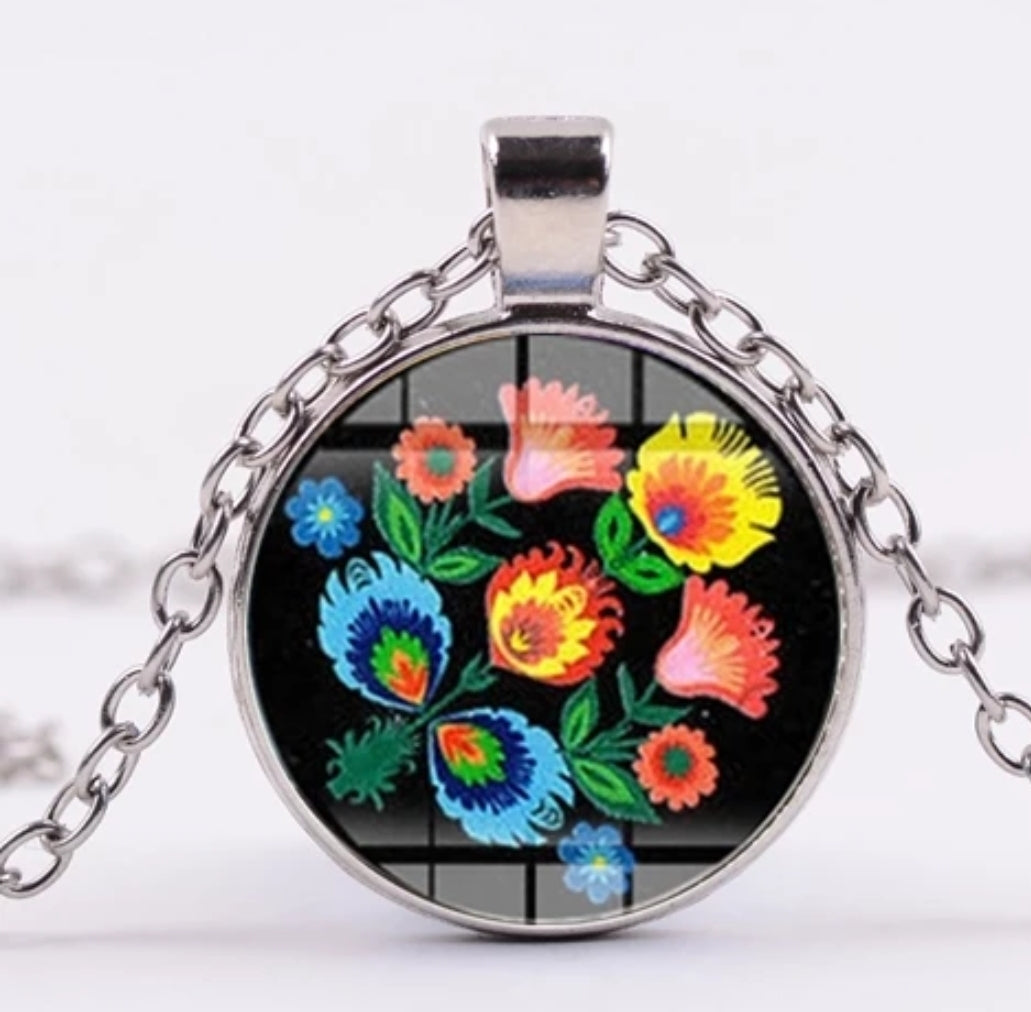 *READY TO SHIP* Polish Folk Design Glass Cabochon Pendant Necklace #12