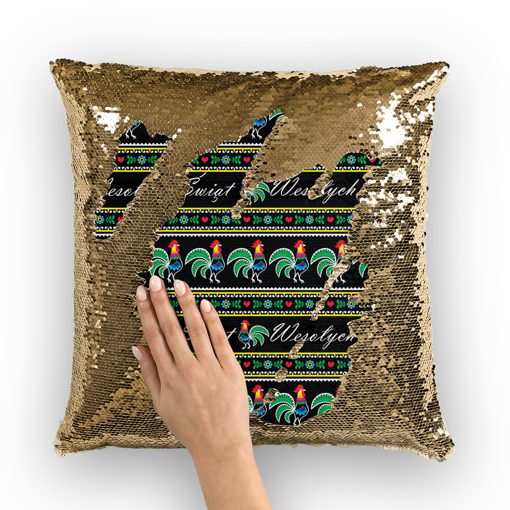 Polish rooster Wesołych Świąt ﻿Sequin Cushion Cover