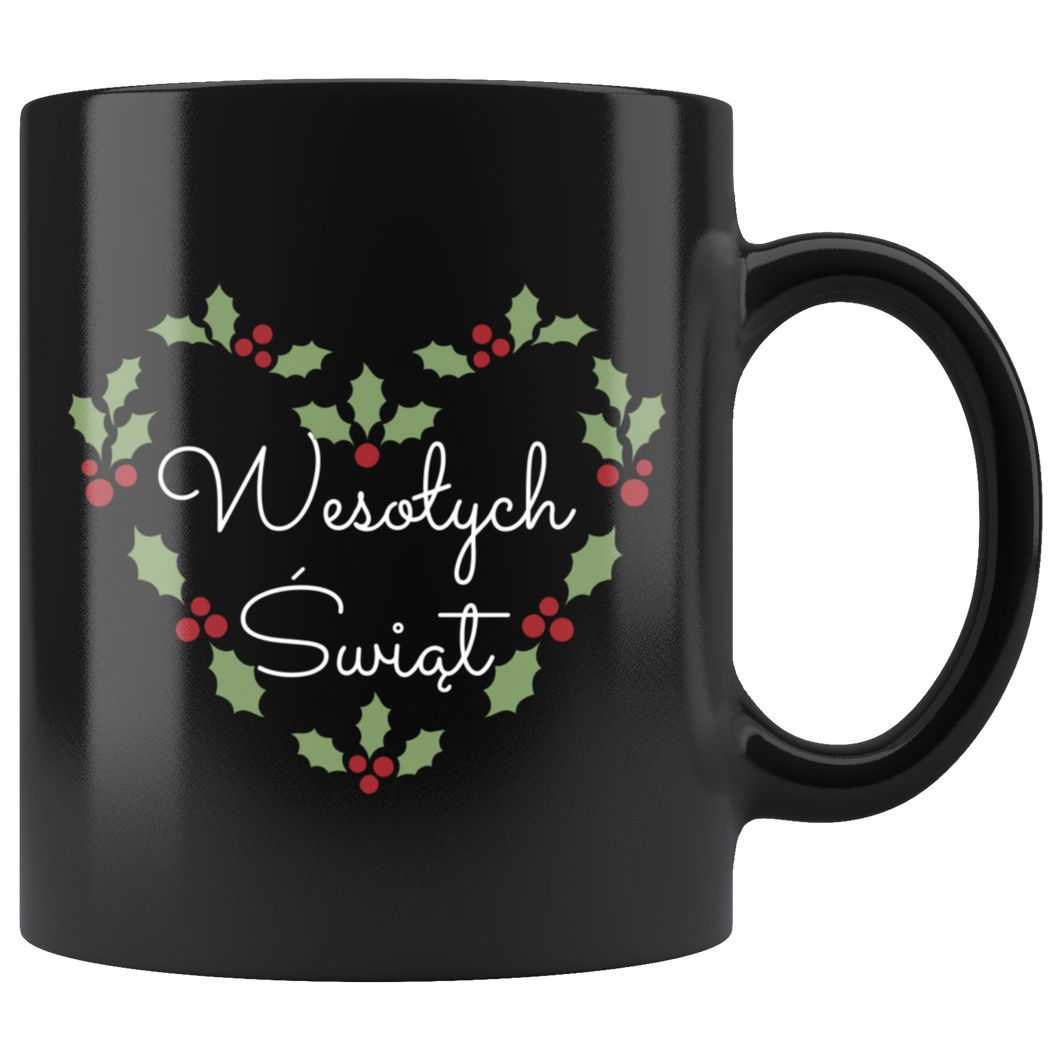 Wesołych Świąt Merry Christmas in Polish Mug with Holly Heart